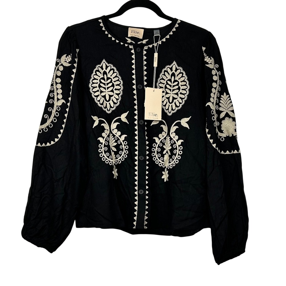 Elie Tahari Top Womens Medium Black Ivory Embroidered Linen Blend Boho Blouse
